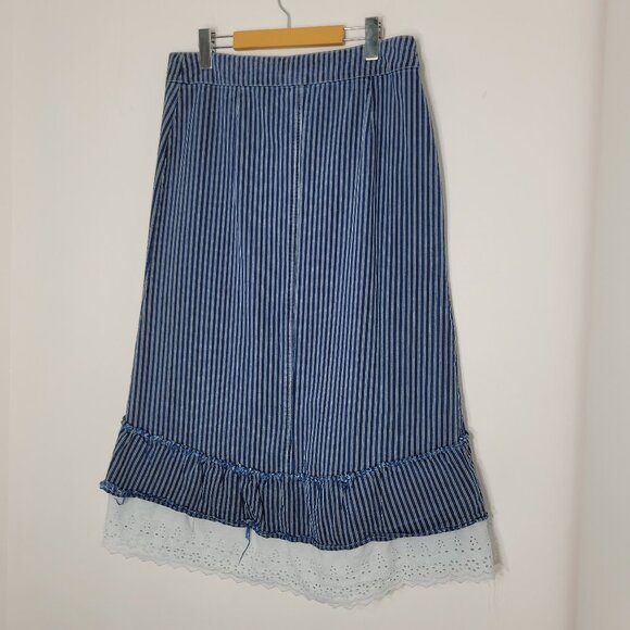 2/$40 Imitz Blue & White 100% Cotton Jean Zip Front Ruffled Eyelet Hem Size 40 - Picture 2 of 9